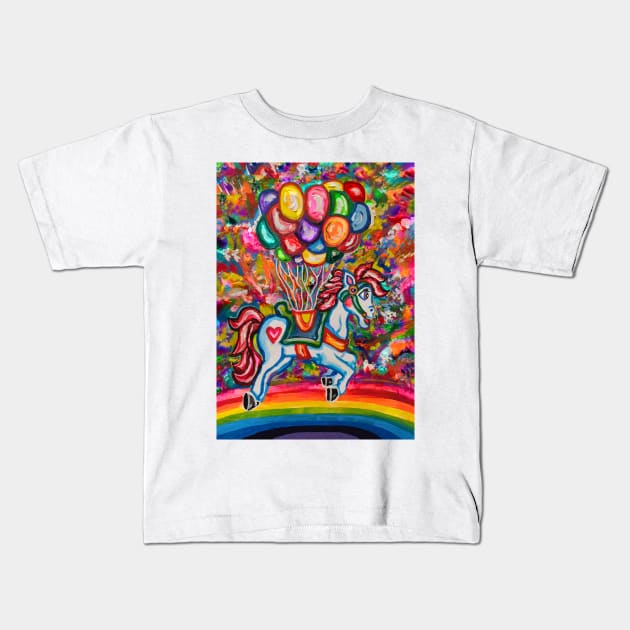 Flying Rainbow Balloon Horse Dream Kids T-Shirt by Art by Deborah Camp